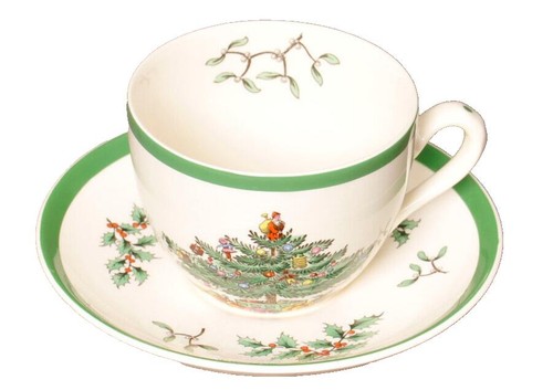 Spode Christmas Tree grüne Borte flache Teetassen und Untertassen, Made England - Bild 1 von 9