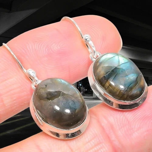 Pendiente de plata de ley 925 con piedras preciosas de labradorita natural 1,54" V410 Foto 2 de 4
