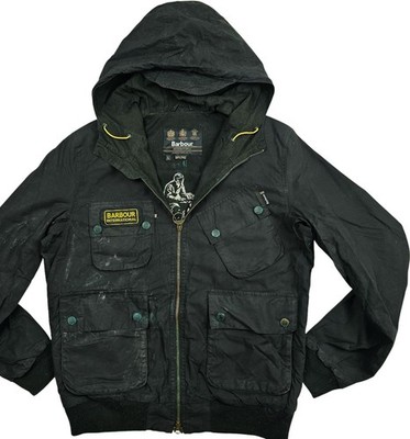 *HOT Men BARBOUR INTERNATIONAL GLANTON BOMBER HOOD BLACK WAXED Jacket L (*Fit M)