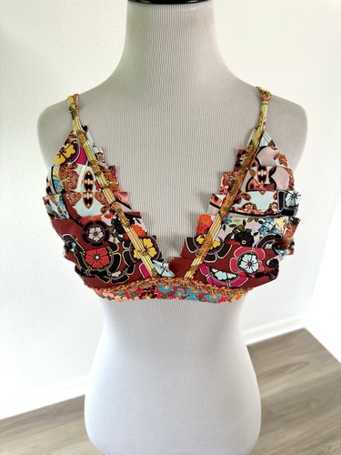 Agua Bendita Bikini Oberteil Plissee Blumen Triangel String Gr. L ohne Polsterung