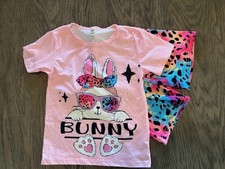 NO LABEL BUNNY PRINT 2 PIECE PJ PULLOVER SS TOP SZ 120/6 GENTLY WORN