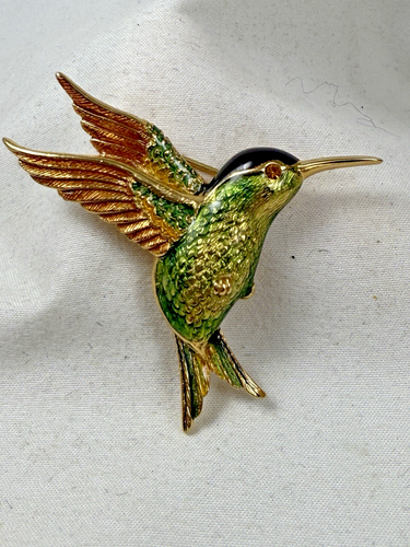 Vintage Krementz Pin Brooch Colorful Enamel Gold Tone Hummingbird Signed