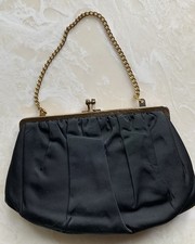 Vtg Black Evening Bag Purse Clutch Attached Change Purse Gold Chain Strap