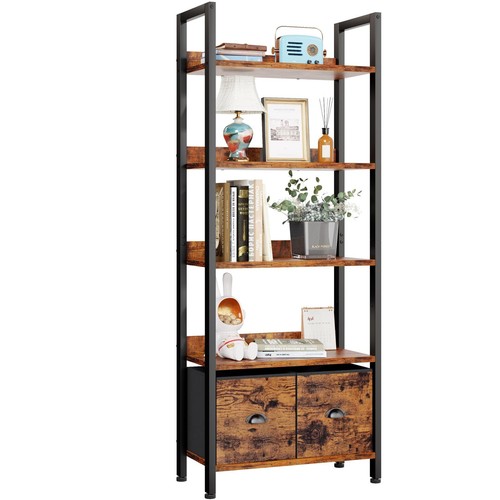 5-Tier Bookshelf, Tall Bookcase with 2 Storage Drawers, Industrial Display St...
