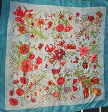 Blue, teal and Red Pink Floral Butterfly silk scarf 35  square Vintage