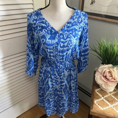 WALKER WADE Shirt Dress Womens Medium Blue Aztec Print Casual Coastal Preppy - Picture 2 of 11