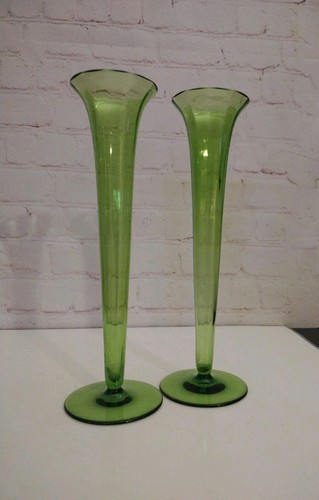 Vintage Pair of Green Glass Tall Footed Vases 9.5" Tall - Picture 1 of 9