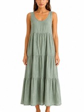 Nicole Miller Sage Green Linen Blend Tiered Maxi Dress Size LG Sleeveless NWT