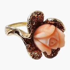 VTG 14K Yellow Gold Carved Coral Rose Flower Motif Band Ring Sz 6.5 8.8g