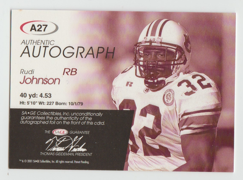 RUDI JOHNSON Auburn SIGNED 2001 Sage Rookie Autograph #A27 SP RC AUTO #426/650 - Bild 2 von 2
