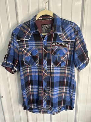 Affliction Black Premium Blue Plaid Button Up Shirt Slim Fit Size Large EUC