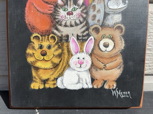 Whimsical Colorful Cartoon Animal Family Reunion Painting Wood Plaque Folk Art - Picture 3 of 4