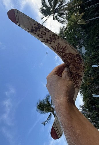 Joe Jimberg Australian Aboriginal Hunting Boomerang Carved Animals Wood 18"