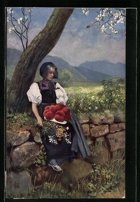 Postcard Spring in the Black Forest, young appraiser sitting on a wall 1911 