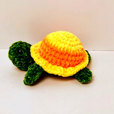 Amigurumi Hand Crocheted Green Turtle Yellow/Orange Shell 3" Tall 6" Long 3