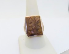 Mens Antique Rings Cameo Jewelry Gold Large Tiger Eye Three Faced 10K US 10 R431