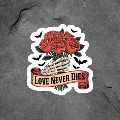 Skeleton sticker vinyl decal love never dies skeleton hand holding roses gothic 