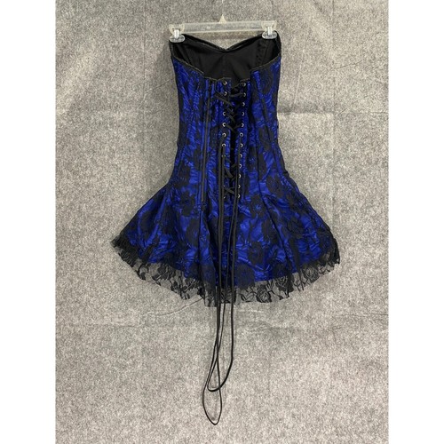 Daisy Corset Dress Blue Satin/Black Floral Lace Adjustable Lace Up | M