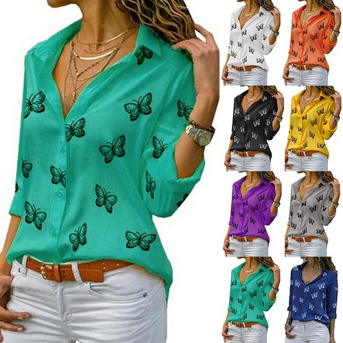 Women Butterfly Print Long Sleeve T-Shirt Turn-Down Collar Shirt Blouses Tops - Picture 5 of 69