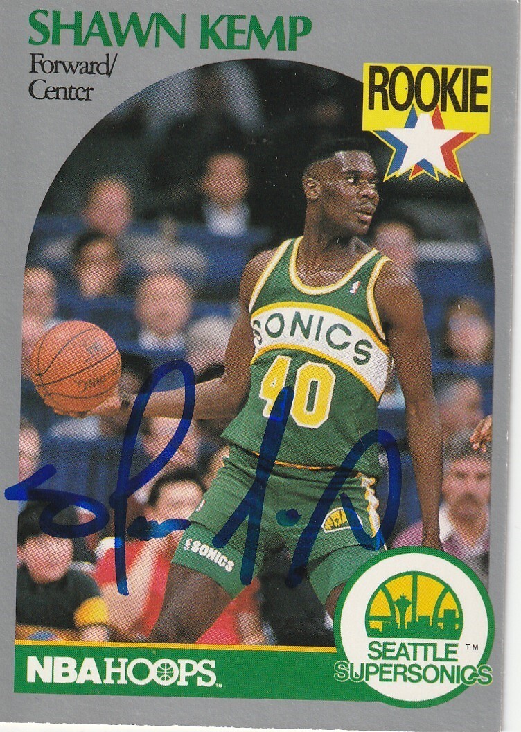 SHAWN KEMP SEATTLE SUPERSONICS SIGNED 1990 NBA HOOPS ROOKIE CARD