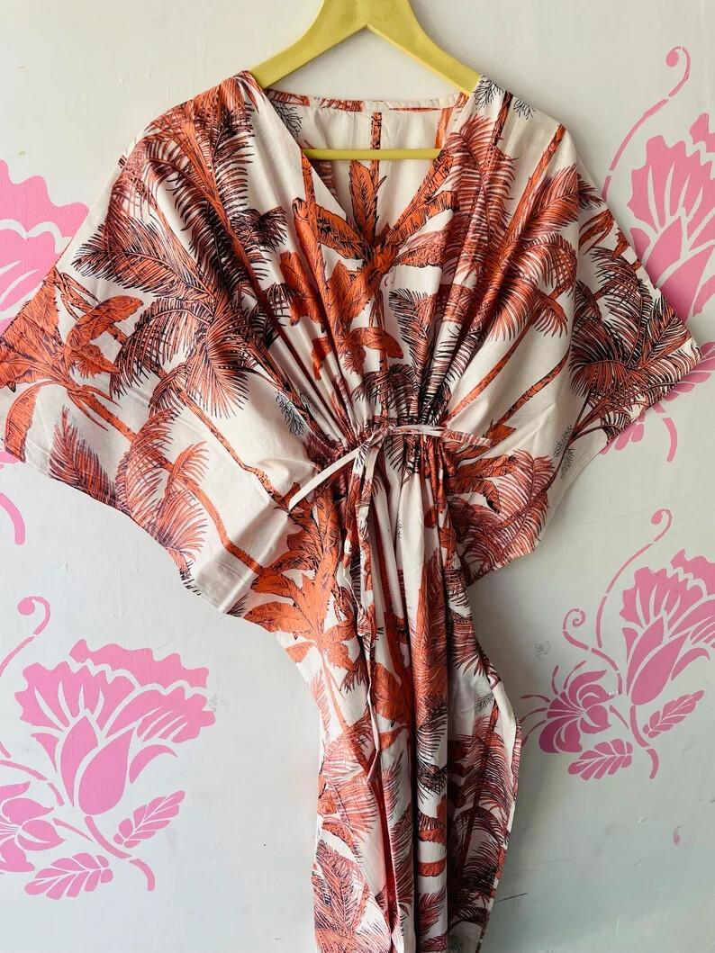 Maxi Vestido Caftán Playa Larga 100% Algodón Indio Vintage Talla Única Caftán Kimono