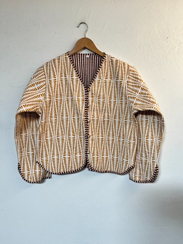 Indian Handmade Geometric Print Cotton Quilted Vintage Reversible V Neck Jacket - 第 1/7 張圖片