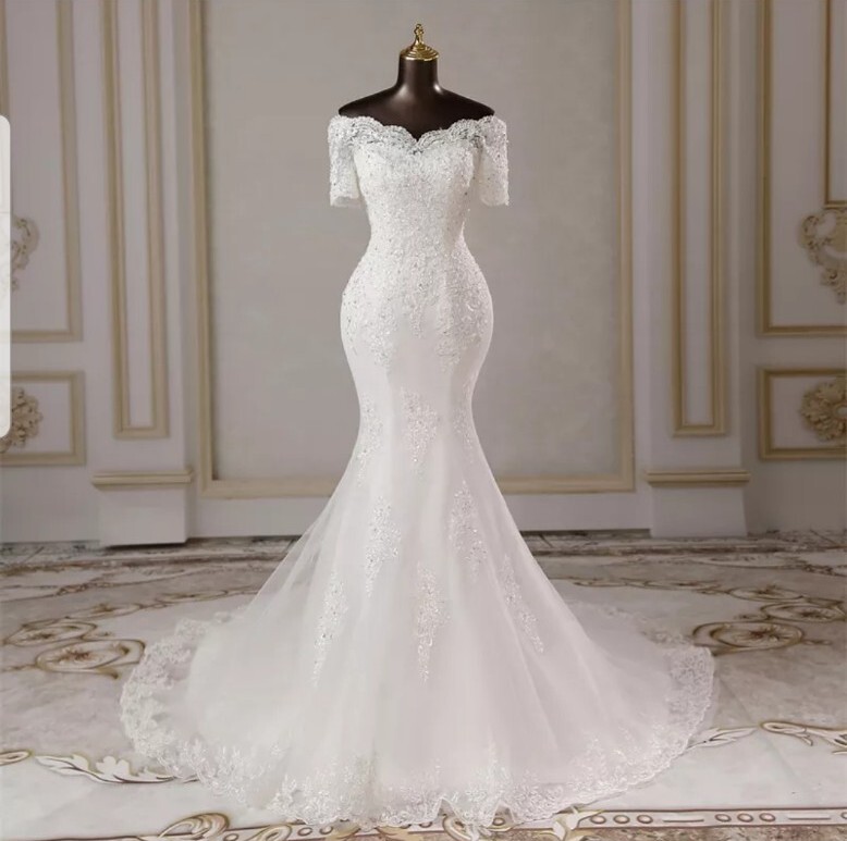 UK White/ivory Off Shoulder Mermaid Sequins Short Sleeve Wedding