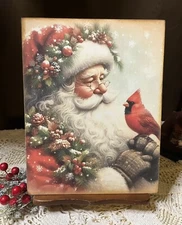 Santa with Cardinal, Red Bird,  Christmas Handcrafted Plaque / Sign #2