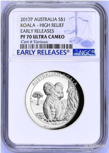 2017 P Australie HIGH RELIEF 1 oz argent koala pièce de 1 $ NGC PF70 ER ÉTIQUETTE COA  - Photo 1 sur 3