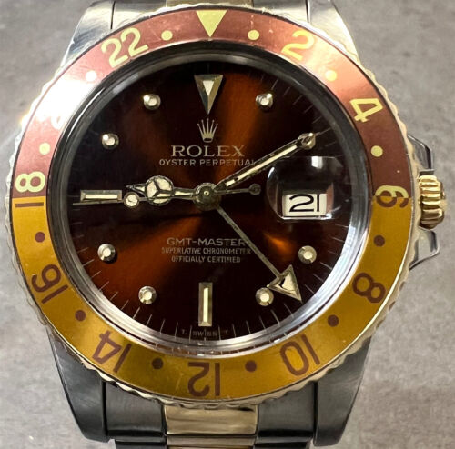 VINTAGE ROLEX GMT MASTER ROOTBEER 16753 18K YELLOW GOLD/STEEL BROWN NIPPLE DIAL