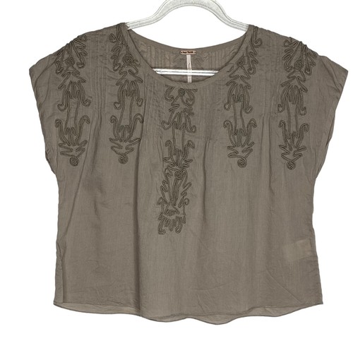 Free People Womens Size XS Brown Boxy Crop Top Blouse Cotton Pintuck Embellish - 第 1/8 張圖片