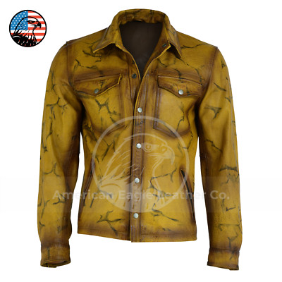 Men's Yellow Sheepskin Leather Trucker Shirt Biker Button Jacket Jeans Soft Wax