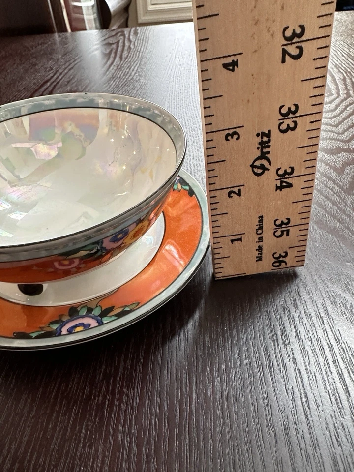 Antiguo Noritake? Cuenco con patas Art Deco Lusterware flores naranjas con plato Foto 2 de 4