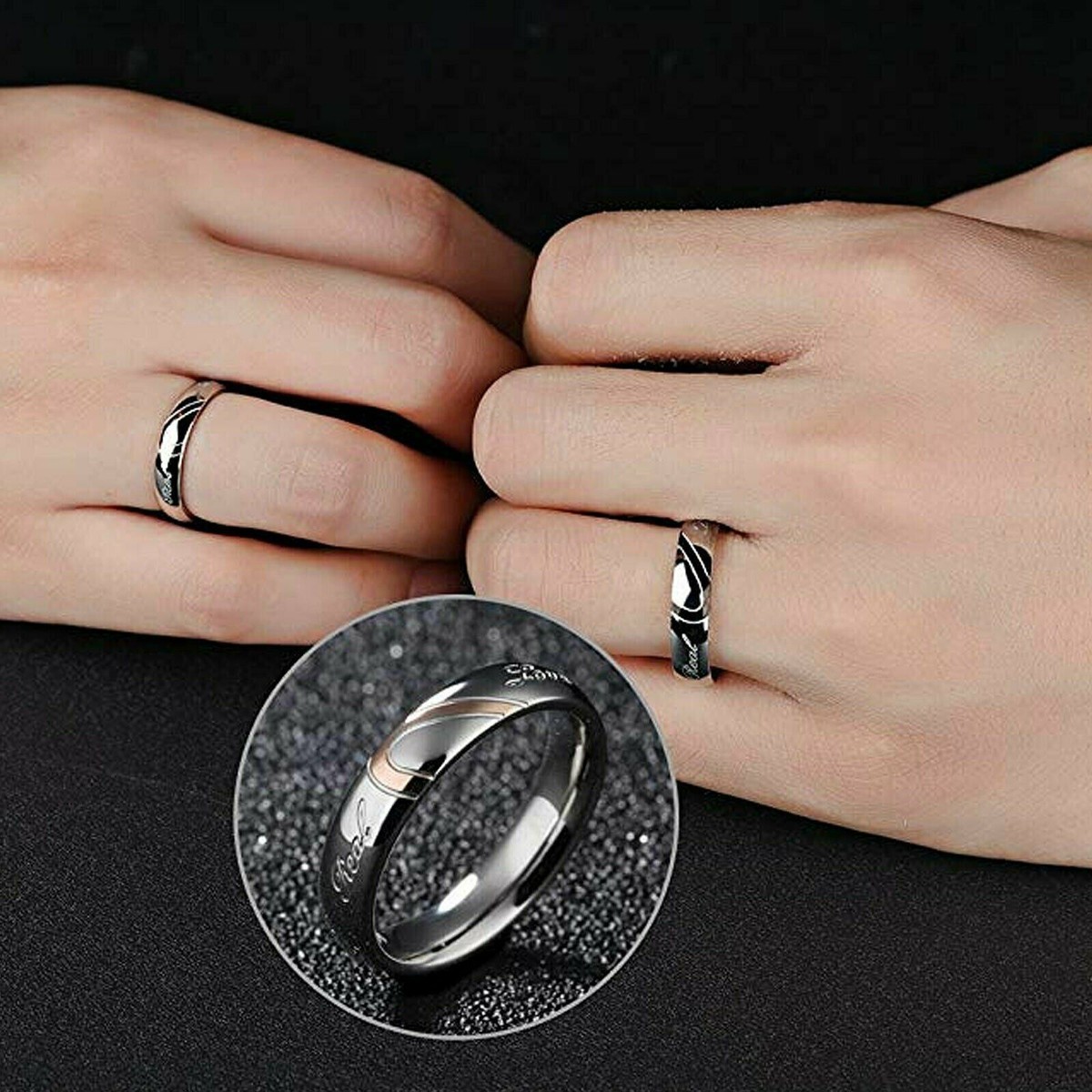 Real Love Heart Joint Couple Rings - Titanium Plated Stainless Steel Wedding & Promise Bands - View #4