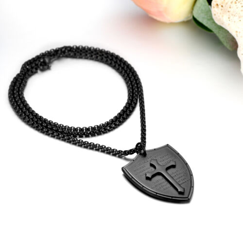 Men Stainless Steel Shield Armor of God Ephesians 6:16-17 Cross Pendant Necklace - Picture 6 of 8