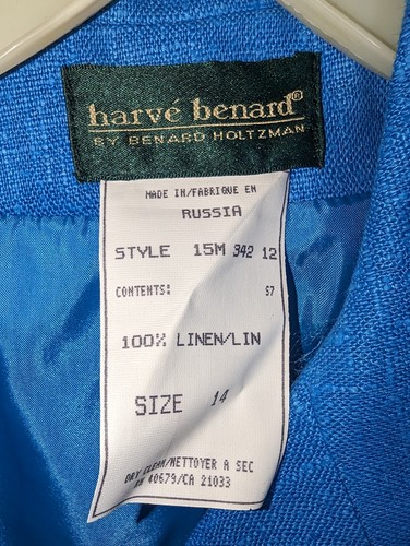Vintage Harvè Bernard Women's 100% Linen Royal Blue Double Breasted Blazer 14 - Picture 5 of 6