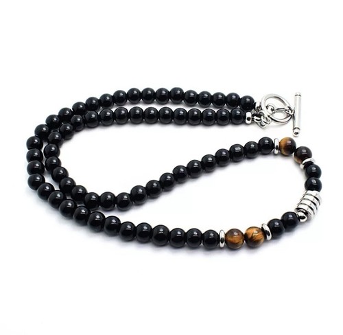 Obsidian and Tiger’s Eye 6mm Beaded Necklace with Stainless Steel Clasp - Picture 2 of 3