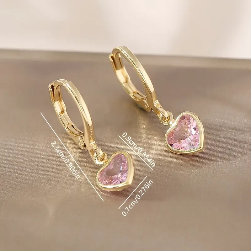 Golden Fashion Shiny Red Rhinestone Heart Drop Earrings Jewelry Women
