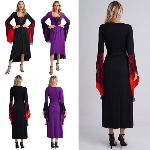 Damen Halloween Gothic Flare Ärmel Kleid Robe Mittelalter Renaissance Kostüme - Bild 3 von 32