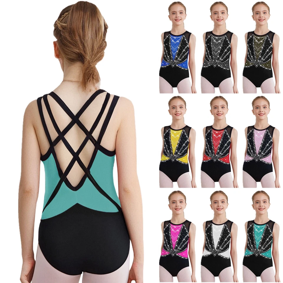 Kids Girls Bodysuit Sleeveless Rompers Ballroom Unitard Metallic Leotard Latin - Image 4 of 4