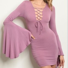 Bodycon Dress Long Bell Sleeve Mini Lace Up Neckline Mauve Medium M NWOT