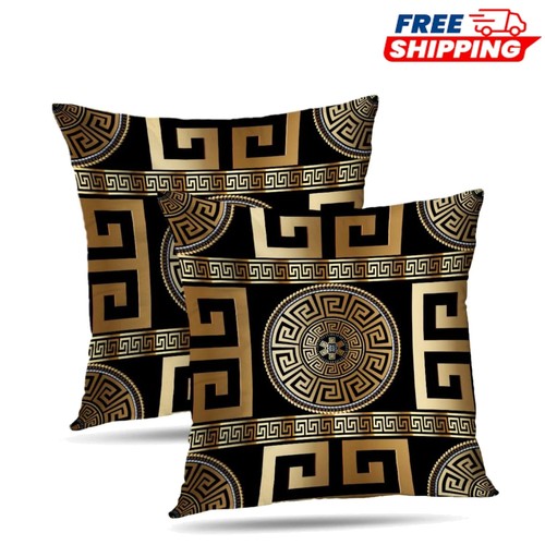Set of 2 Modern Greek Key Throw Pillow Covers - Luxurious 18x18 Black & Gold