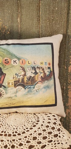 ADORABLE VINTAGE VICTORIAN SHAKER FOLK ART NEW YORK CATSKILL CATS IN CARS PILLOW - Picture 4 of 9
