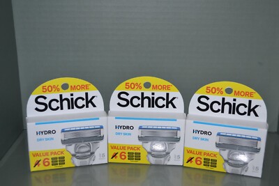 (3) SCHICK Hydro Dry Skin 5 Blade, 6 Refill Cartridges In Each