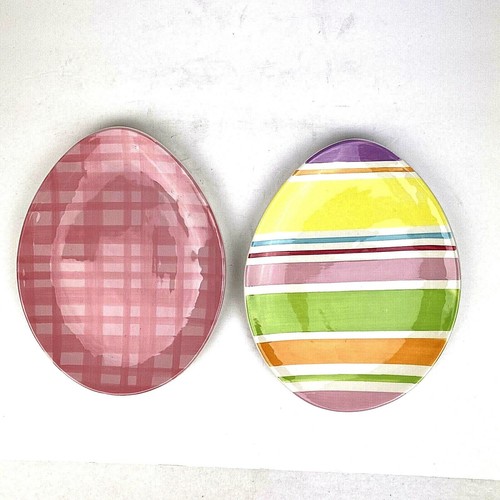 Target Home EASTER Pink Striped Multi Color Egg-Shaped Ceramic Plates 2 Holder - Picture 5 of 8