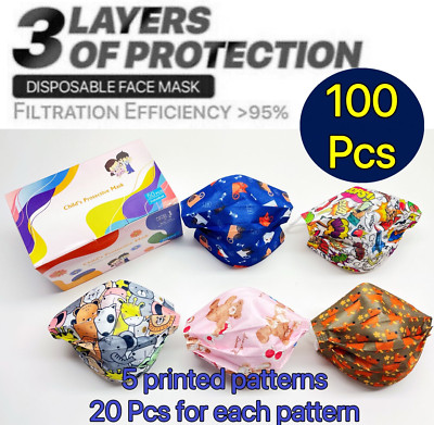 100 Pcs Patterns Kids Unisex Face Mask Mouth & Nose Protector Respirator Masks 
