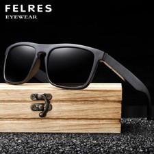 Men Wood Polarized Square Black Frame Sunglasses Wooden Temple Fashion Glasses