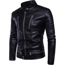 Men  s Leather Jacket Biker Coat Multi-Pocket Soft Real Leather Outwear