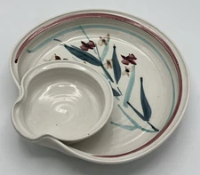 Studio Pottery Chip and Dip Plate Dip Bowl Floral Signed