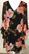 NWT Nine West size 4 black coral floral bell sleeve sheer overlay A-line dress